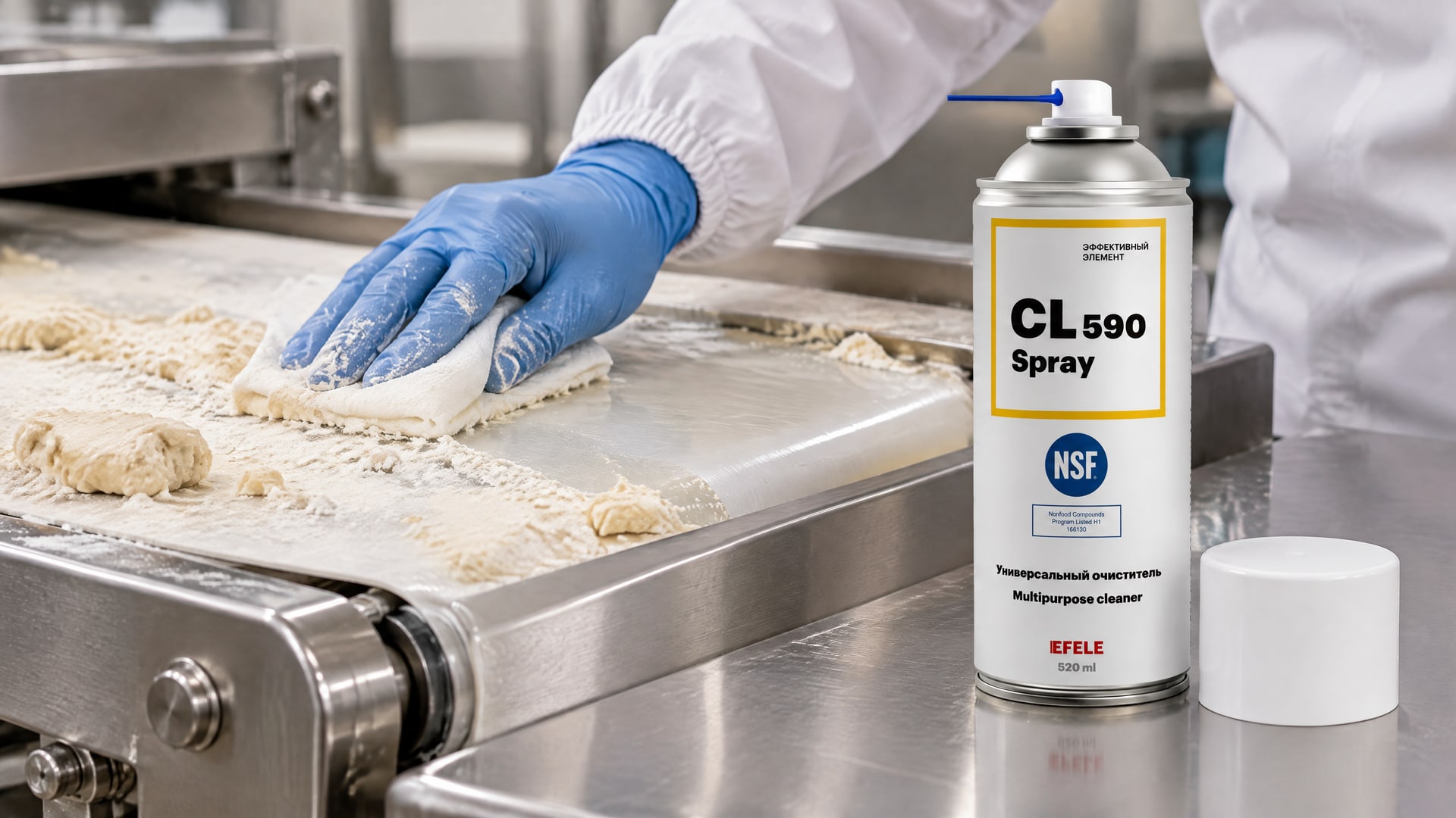 Рука наносит EFELE CL-590 Spray для очистки антипригарного покрытия.